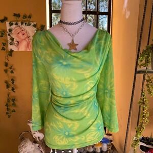 green floral mesh cowl top y2k